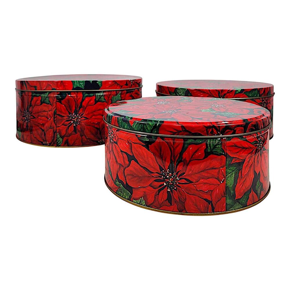 Red Poinsettia Floral Covered Christmas Metal Tin Round Containers, Set of 3 - Picture 8 of 9